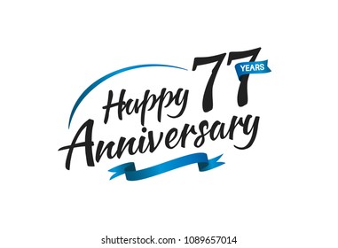 77 years happy anniversary celebration with blue swoosh and blue ribbon isolated on white background 