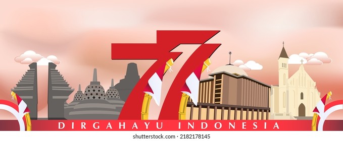 77 years of Independence Day Republic of Indonesia. The theme of unity in religion. Vector designs for banners, backgrounds, wallpapers and more