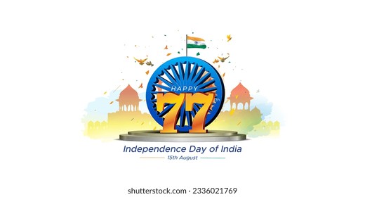 77 years of India Independence Day. Patriotic background, Red fort with   tricolor indian flag vector illustration.