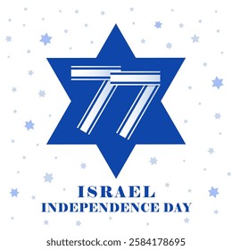 77 years Israel Independence Day logo in magen David shape. Greeting poster with 77th years anniversary Yom Ha'atzmaut. Vector illustration