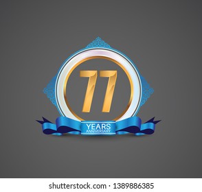 77 years logotype anniversary design with white ring, blue ornament and ribbon for use celebration event of your company, party, wedding and precious moment