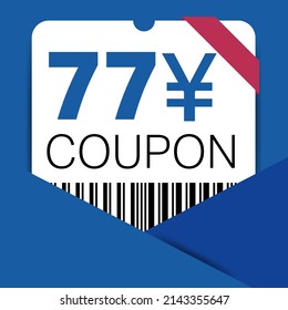 77 Yen Coupon promotion sale for a website, internet ads, social media gift 77 Yuan off discount voucher. Big sale and super sale coupon discount. Price Tag Mega Coupon discount vector illustration.