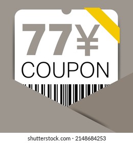 77 Yen Coupon promotion sale for a website, internet ads, social media gift 77 Yuan off discount voucher. Big sale and super sale coupon discount. Price Tag Mega Coupon discount vector illustration.