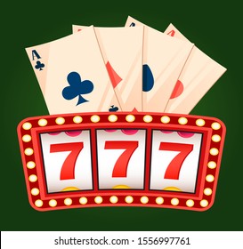 777 íconos y baraja de as jugando cartas en color verde. Cartel de la ruleta con bombilla, entretenimiento de juego, etiqueta de casino, vector de éxito de negocios