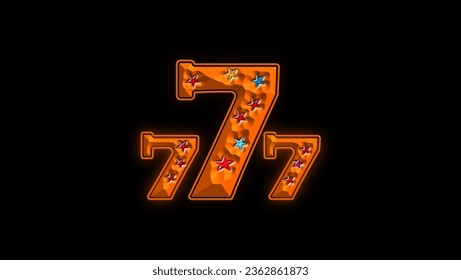 777 Lucky Number, gold badge of 777, with precious stones, on black background