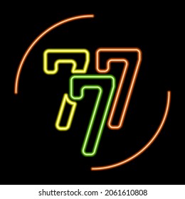 777 neon sign, modern glowing banner design, colorful modern design trends on black background. Vector illustration.