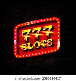 777 Slot. The inscription 777 Slot on a red background with a gold frame, paws and gold coins. Vector illustration