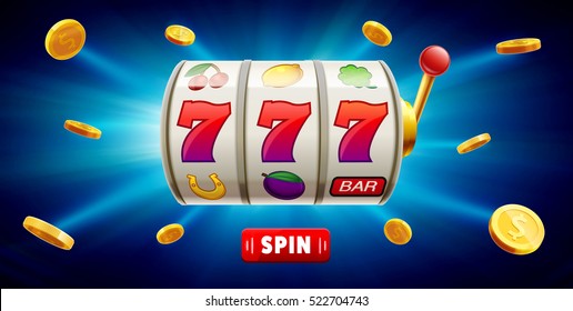 777 slots 3d element isolated on blue background with place for text casino object 777 icons gold coins red button spin