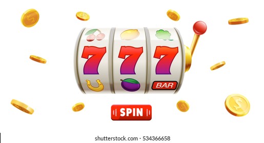 777 Slots 3D-Element einzeln auf weißem Hintergrund mit Platz für Text-Casino-Objekt 777 Symbole Goldmünzen rote Schaltfläche Spin