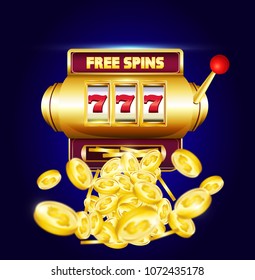 777 slots 3d machine with big win coins and inscription "free spins".  Lucky sevens jackpot poster for casino on blue background with coins. Vector illustration.