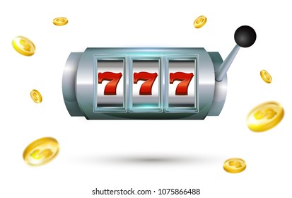 777 slots Lucky seven casino machine with gold coins isolated on white background.  Slot machine with jackpot. Vector illustration.