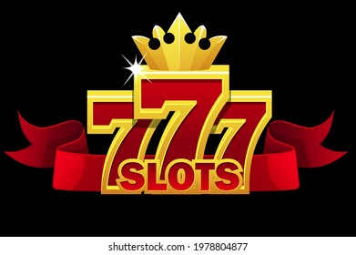 777 slots symbol, jackpot sign with red ribbon and gold crown for ui games.