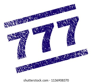 777 stamp seal watermark with grunge style. Blue vector rubber print of 777 text with scratched texture. Text label is placed between parallel lines.