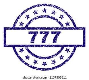 777 stamp seal watermark with grunge texture. Designed with rectangle, circles and stars. Blue vector rubber print of 777 text with dirty texture.