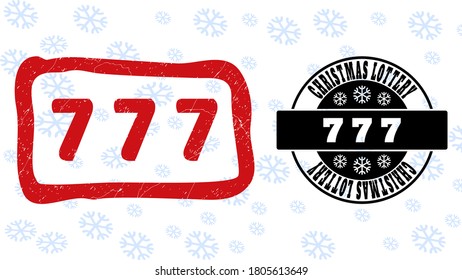 777 stamp seals on winter background with snowflakes in clean and draft versions for New Year. Red vector rubber imprint with 777 text with dust texture in draft rectangle shape.