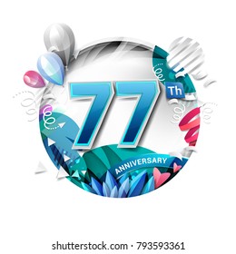 77th anniversary background with balloon and confetti on white. 3D paper style illustration. Poster or brochure template. Vector illustration.