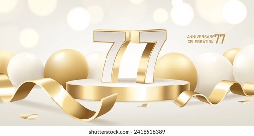 77. Jubiläumsfeier Hintergrund. Goldene 3D-Zahlen auf rundem Podium mit goldenen Bändern und Ballons mit Bokeh-Beleuchtung im Hintergrund.