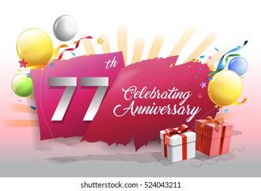 77th anniversary celebration with colorful confetti and balloon on red background with shiny elements. design template for your birthday party.