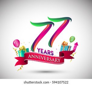 77th Anniversary Celebration Design, with gift box and balloons, Red ribbon, Colorful Vector template elements for your, seventy seven years birthday celebration party.