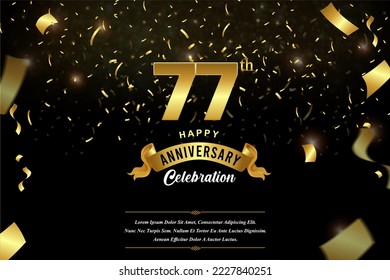 77th anniversary celebration Gold numbers with dotted halftone, shadow and sparkling confetti. modern elegant design with black background. for wedding party event decoration.