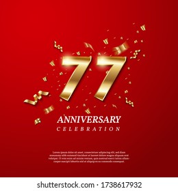 77th Anniversary celebration. Golden number 77 with sparkling confetti, stars, glitters and streamer ribbons on red background. Vector festive illustration. Birthday or wedding party event decoration