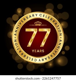 77th Anniversary Celebration. logo design with golden number and ring for birthday celebration event, invitation, greeting card, banner, poster, flyer, brochure, book cover. Logo Vector Template