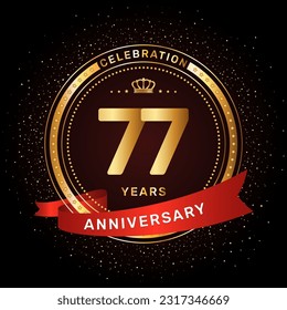 77th anniversary celebration logo design with a golden ring and red ribbon concept, vector template
