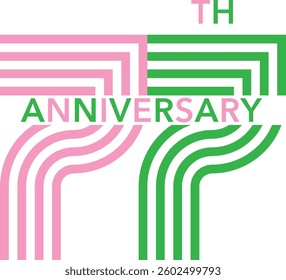 77th Anniversary Celebration pink and green striped numbers and the word anniversary at the middle.
