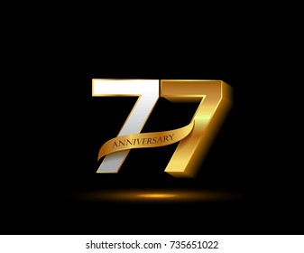 77th anniversary glowing logotype with ribbon golden colored isolated on dark background, vector design for greeting card and invitation card.