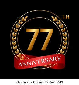 77th Anniversary. Anniversary Logo Design with Laurel Wreath and Red Ribbon for Celebration Event, Wedding, Invitation, Greeting Card. Logo Vector Illustration