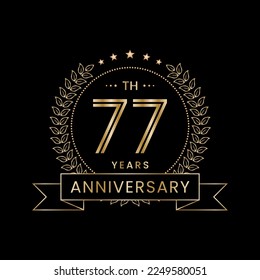77th Anniversary logo design with laurel wreath for celebration event, invitation, banner, poster, flyer, greeting card. Line Art Design, Logo Vector Illustration