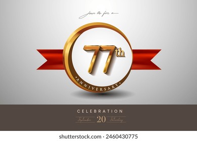 77th Anniversary Logo With Golden Ring And Red Ribbon Isolated on Elegant Background, Birthday Invitation Design And Greeting Card