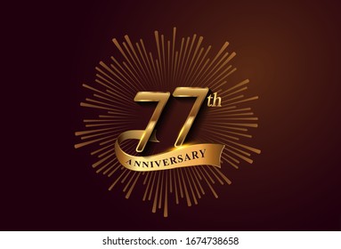 77th anniversary logotype with fireworks and golden ribbon, isolated on elegant background. vector anniversary for celebration, invitation card, and greeting card.