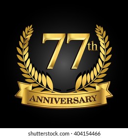 77th golden anniversary logo with ring and ribbon, laurel wreath vector design isolated on black background