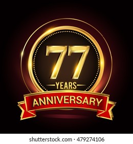 77th golden anniversary logo with ring and red ribbon. Vector design template elements for your birthday celebration.