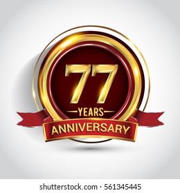 77th golden anniversary logo, seventy seven years birthday celebration with ring and red ribbon isolated on white background