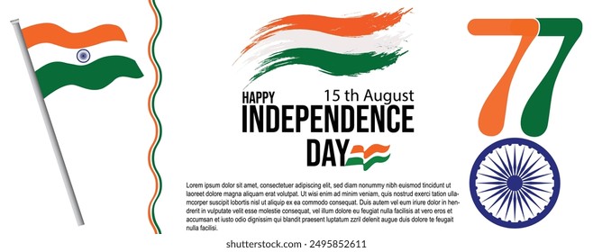 77th Independence Day of India Background. Republic Day Banner, Feed,Flyer, Poster, Wallpaper, Cover, Landing Page Social media, website, Greeting card Vector illustration isolated on white background