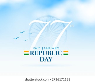 77.º Día de la República India de fondo de cielo nublado con chakra Ashoka y Vector de aves voladoras