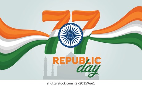 77ª Ilustración vectorial del Día de la República India con ondas de cinta tricolor chakra ashoka y tipografía moderna diseño patriótico para la celebración nacional del 26 de enero