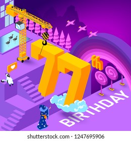 77th year Anniversary Celebration concept with characters. Flat isometric vector illustration