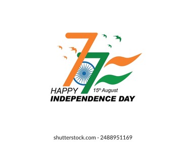 77th Year Anniversary. Vector Logo. 77th India Independence Day freedom celebration concept or tricolor flag, icon, poster, banner. 15 August Celebration 77th Independence Day 2024. template design.