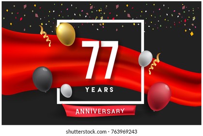 77th years Anniversary celebration logo, isolated on red ribbon and balloon, vector elements for banner, invitation card and birthday party.