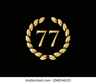 77th Years Anniversary Ring Logo Template. 77th Years Anniversary Logo With Golden Ring Isolated On Black Background, For Birthday, Anniversary And Company Celebration