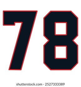 78 Classic Vintage Sport Jersey Uniform numbers in black with a black outside contour line number on white background for American football, Baseball and Basketball or soccer for shirt