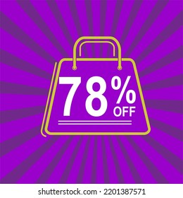 78 % Rabatt. Violett, weiß und gelb Banner mit 78 % Rabatt. Einkaufsbeutel-Konzept.
