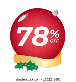 78% off. Seventy-eight percent discount. Christmas sale banner. Red bubble with ornaments on a white background vector.