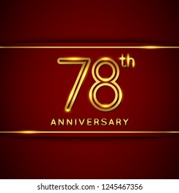 78 / Seventy Eight Years Anniversary Logo with Shiny Golden Number on Red Background Isolated. 78th Celebration Event. Can Use for Poster, Invitation and Greeting Card. Easily Editable Vector.
