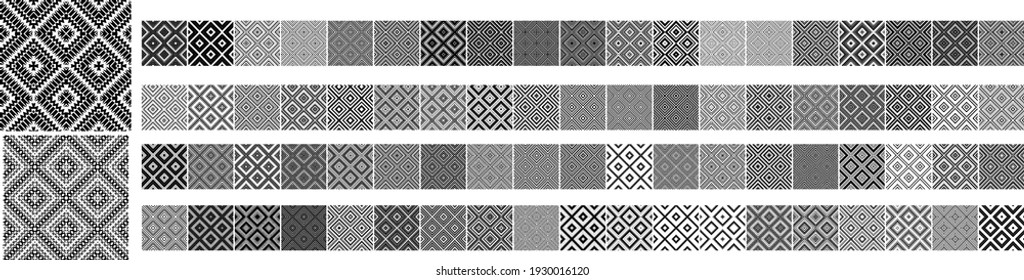 78 Universelle, unterschiedliche geometrische nahtlose Muster. Endlose Vektortextur kann für die Umhüllung von Bildschirmhintergrund, Musterfüllungen, Web-Hintergrund, Oberflächentexturen verwendet werden. Set von monochromen Ornamenten.