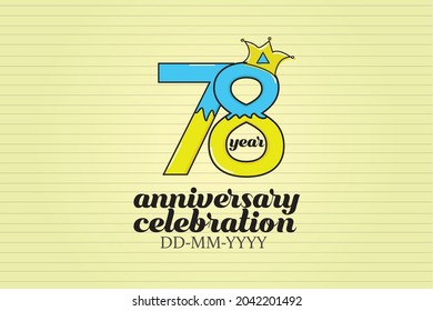 78 year anniversary blue and yellow color cartoon style, sweet style, candy look, with paper book style background - vector