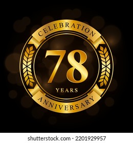 78 Year Anniversary celebration template design, with shiny ring and gold ribbon, laurel wreath isolated on black background, logo vector